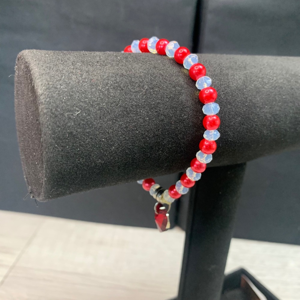 Red and Opal Iridescent Beaded Stretch Bracelet with Faceted Heart Charm